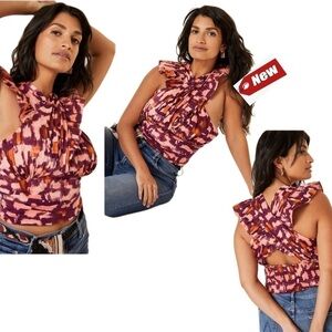 Anthropologie ruffle frill pleated smocked crisscross halter top blouse XL NWT